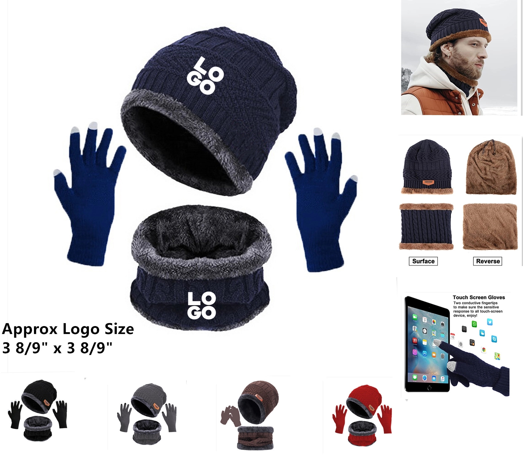 Winter Hat Scarf Touch Screen Gloves Set