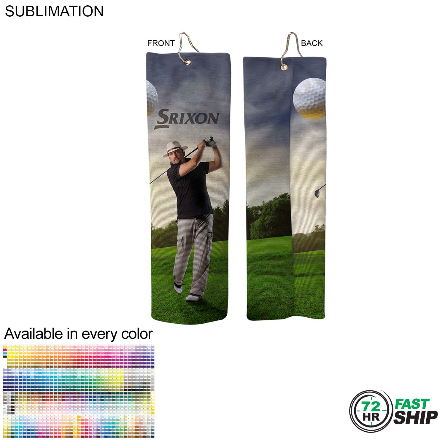 72Hr Fast Ship- Microfiber Dri-Lite Terry Golf Towel, 18" length, Trifold Grommet & Hook, Sublimated 8
