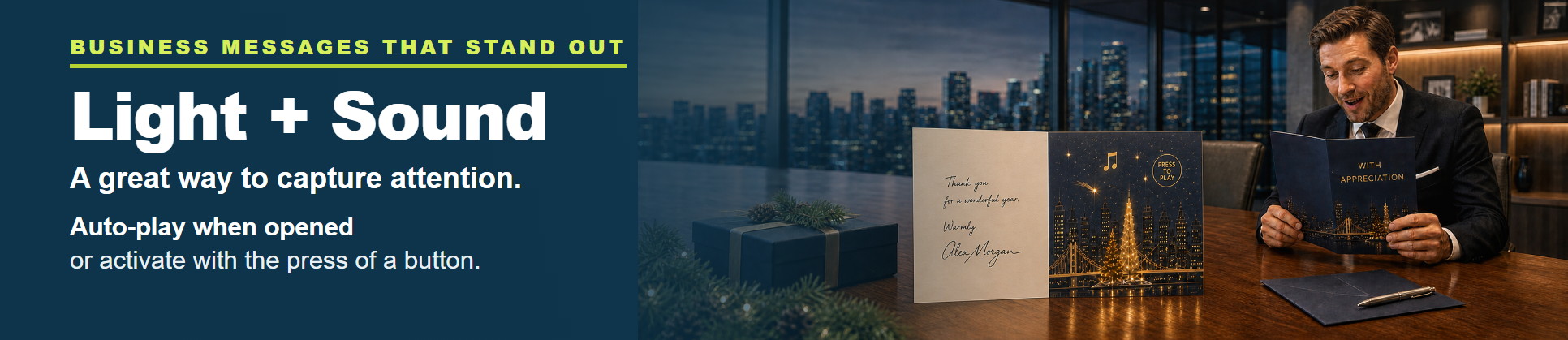 Business holiday sound card shown with its light effect off and on