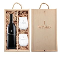 Laser-Engraved Double Wood Box, Custom Etched Wine Bottle + Glasses