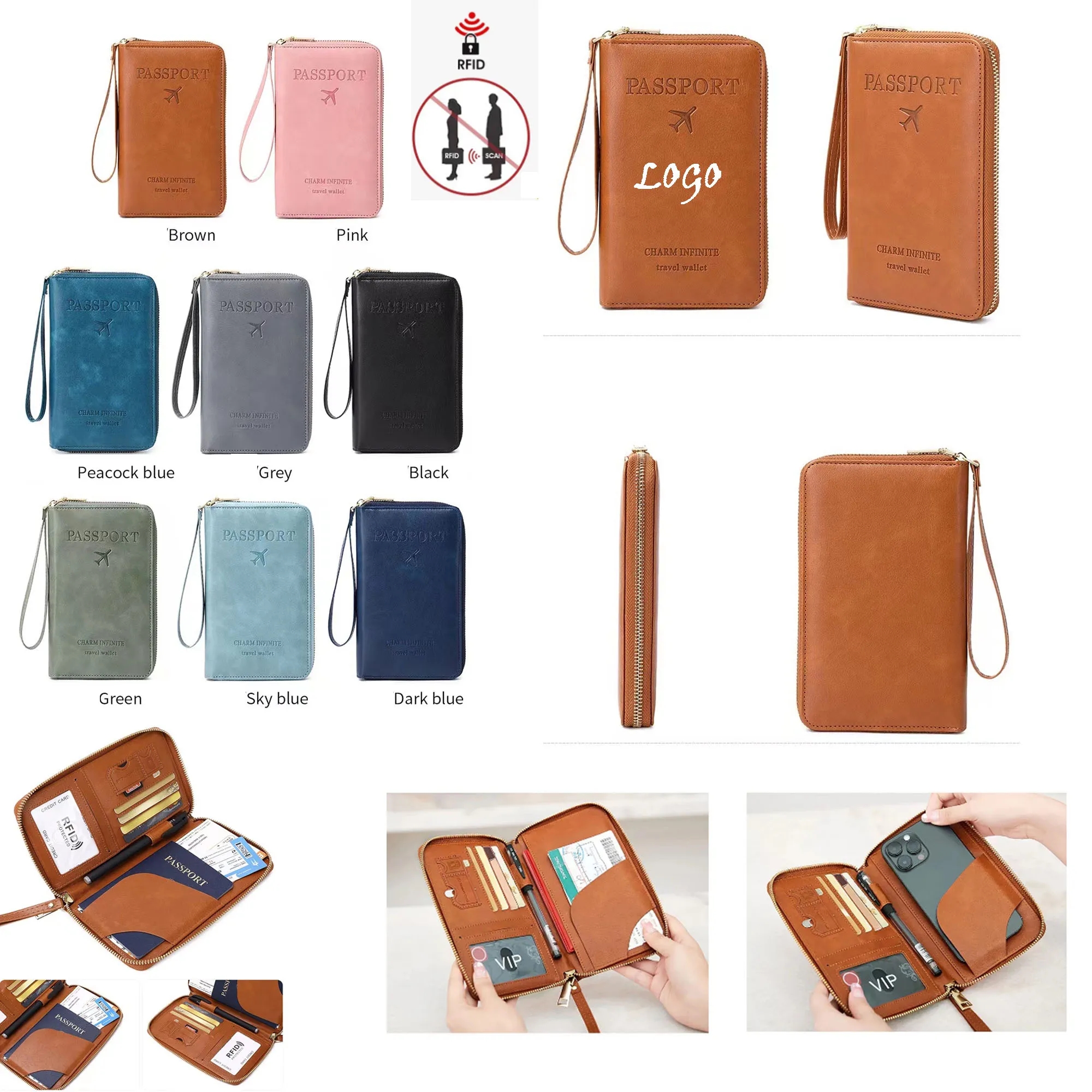 RFID Rectangular Zipper PU Leather Travel Passport Bag 6