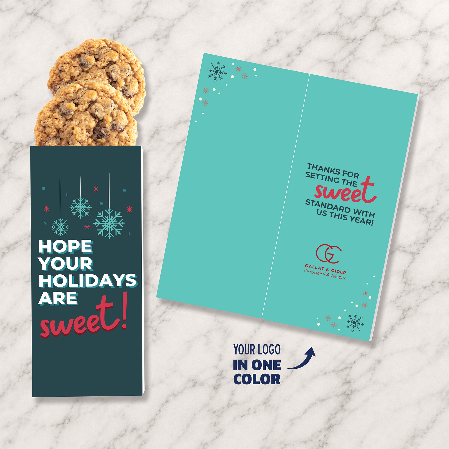 One Color Foil-Stamped Stock Holiday Sentiment Sweeter Cards with Oatmeal Raisin Cookies