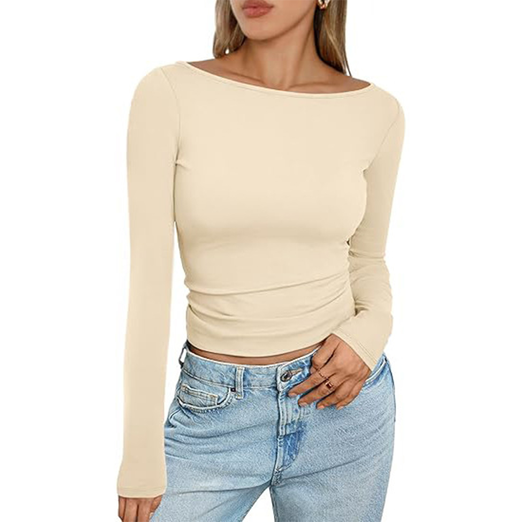 Women Boat Neck Long Sleeve Shirt 56