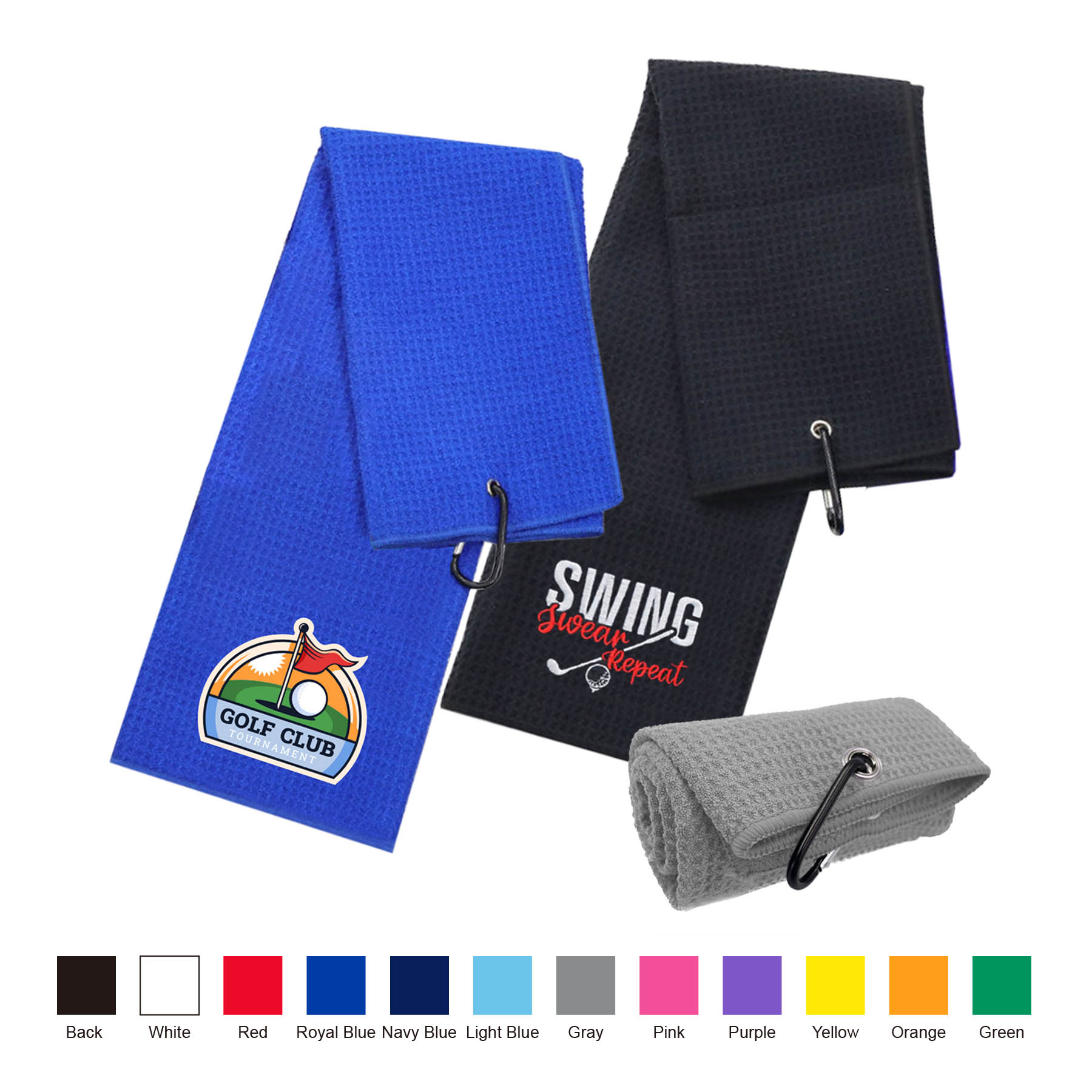 Microfiber Waffle Two-fold Golf Towel w/ Carabiners Clip 12" x 24" 33