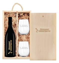 Laser-Engraved Wood Box w/Custom Etched Pinot Noir Wine Bottle + Glasses
