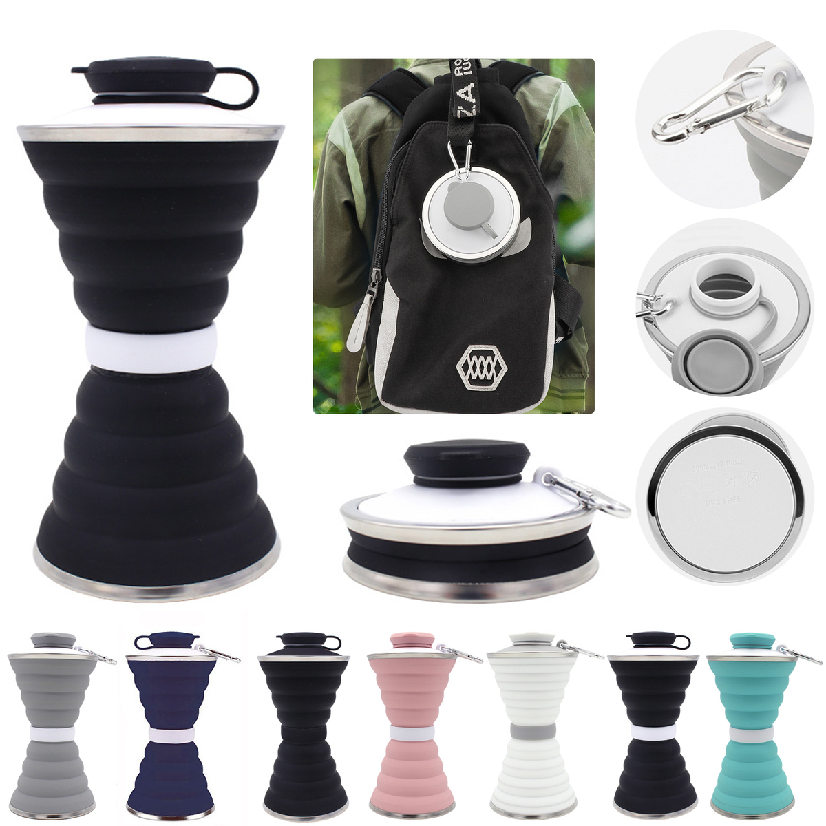 Collapsible Silicone Water Bottle with Carabiner