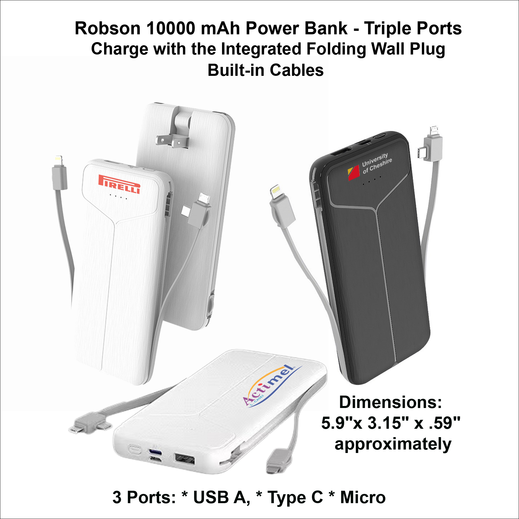 6 in 1 Robson 10000 mAh Power Bank - Triple Ports, Integrated Wall Plug, Built in Cables