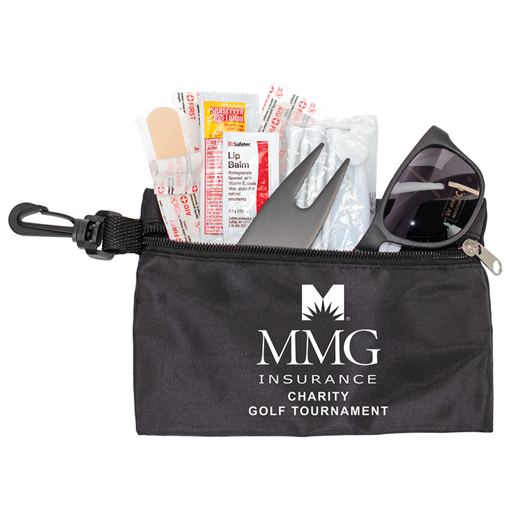 "CHIP 16" 16 Piece Golf Kit in Supersized Zipper Pack Components inserted into Zipper kit with Carab 18