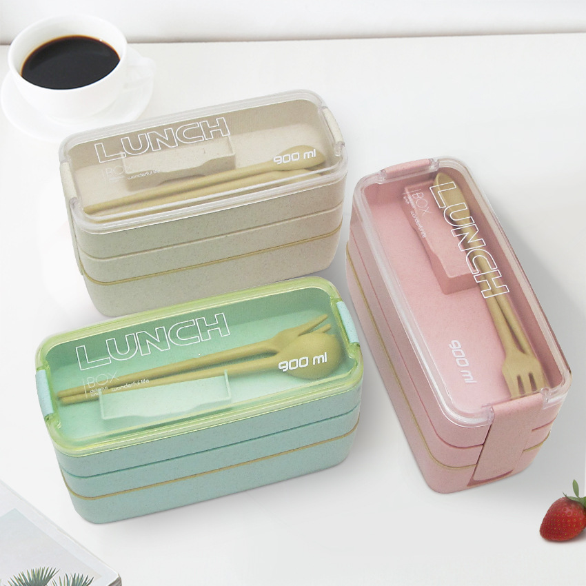 Three Layers Outdoor Picnic Wheat Plastic Bento Box