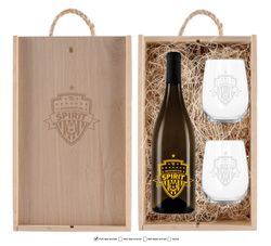 Laser-Engraved Wood Box w/Custom Etched Chardonnay Wine Bottle + Glasses
