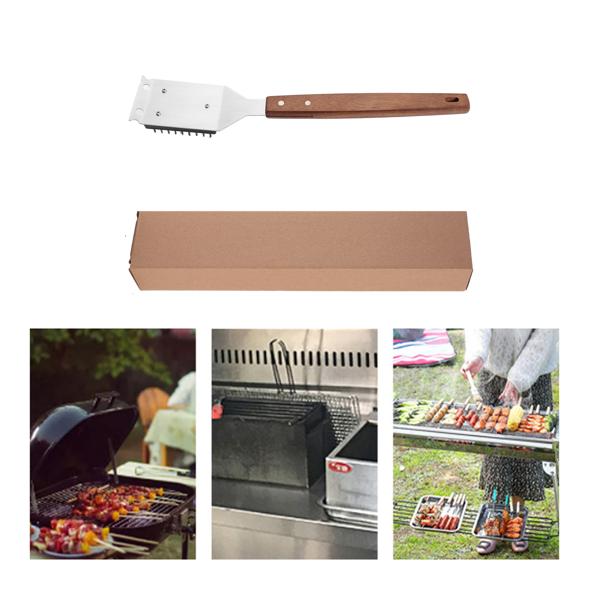 BBQ Stainless Steel Wooden-Handled Cleaning Brush 5
