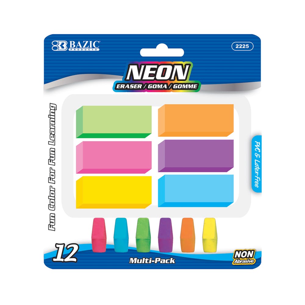 Eraser Sets - 12 Count Assorted Neon 6 Bevel & 6 Cap 3