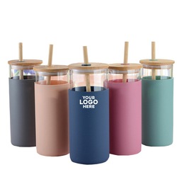 17oz Office glass bamboo lid straw cup