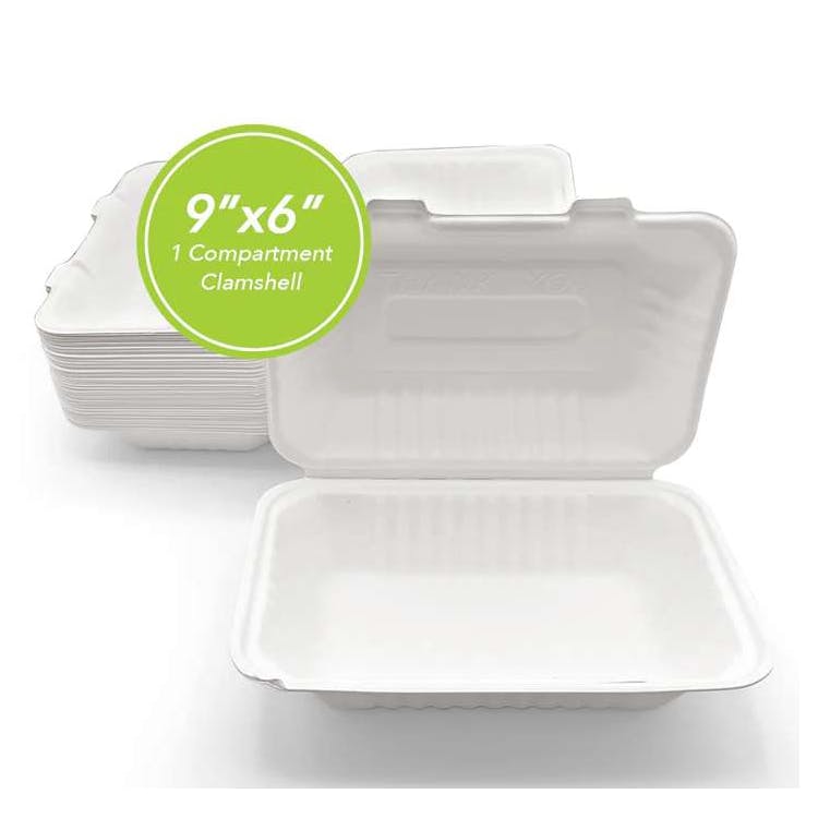 Three Leaf 9"x6" 1 Compartment Bagasse Clamshell 50 Pack 2
