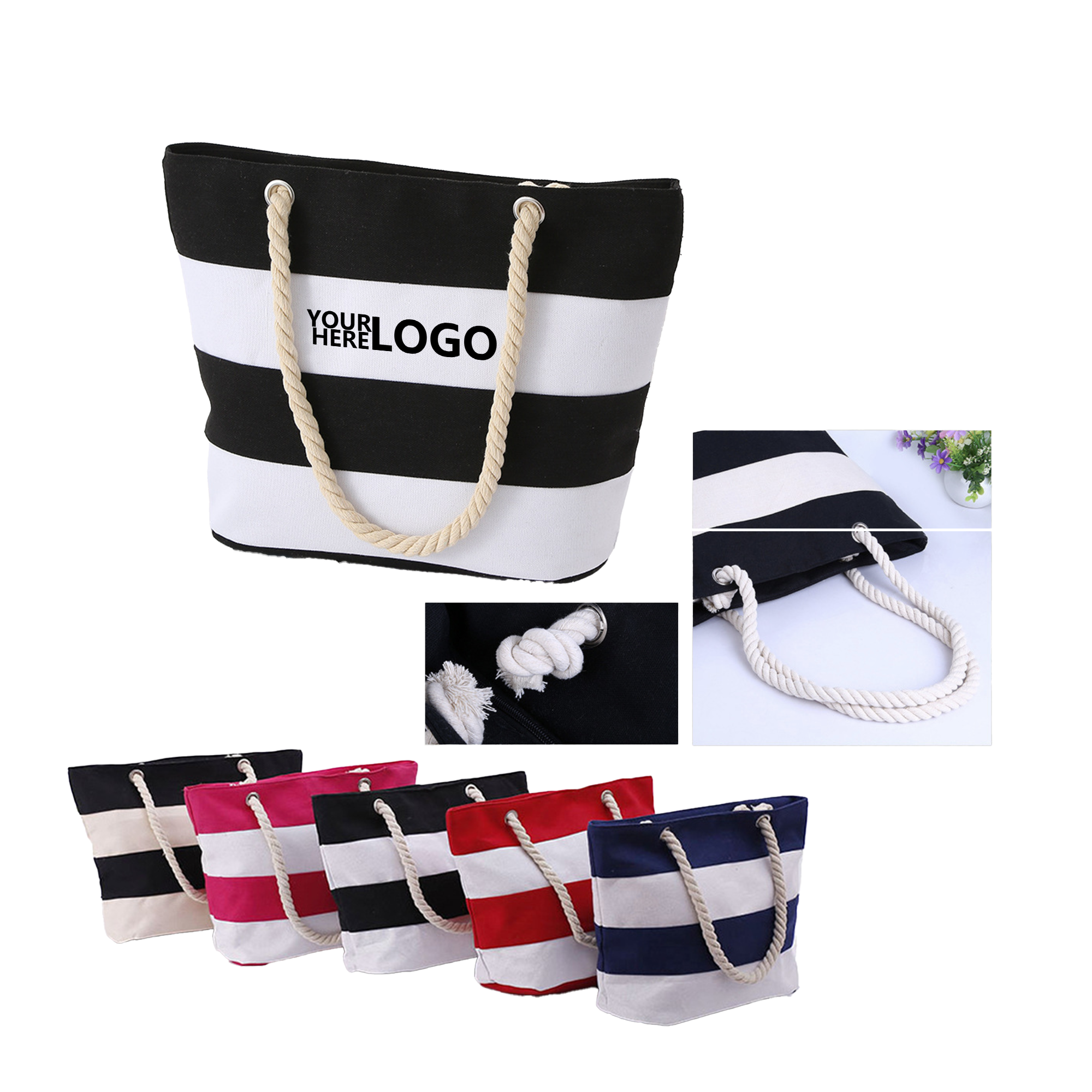 Hemp Stripe Accented Canvas Tote, custom tote bag with logo imprint 2