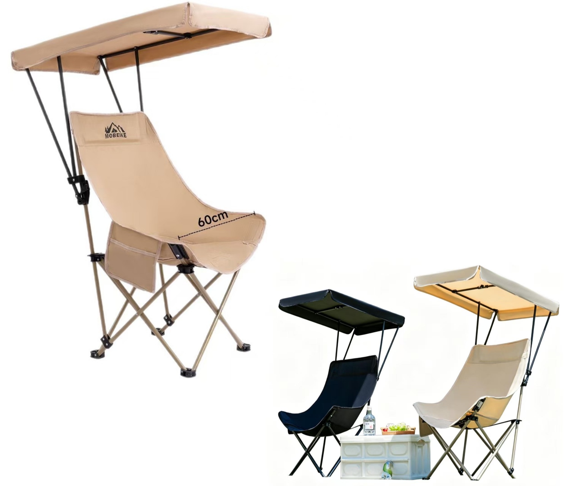 High Back Folding Chair With Detachable Sunshade Canopy For Outdoors&Fishing&Camping&Beach