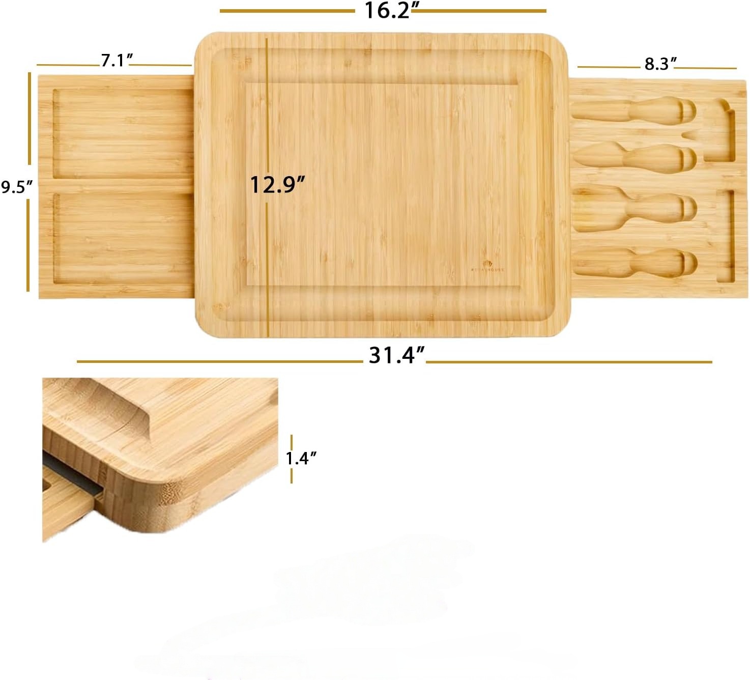 Unique Bamboo Cheese Board and Knife Set with 2 Slide-Out Cutlery Drawers 16