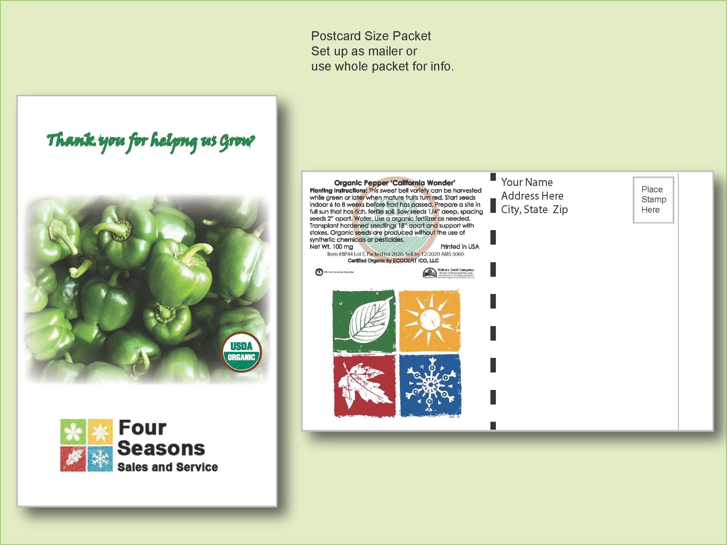 Organic Pepper California Wonder Seed Packet - Postcard Mailer Size 4" x 6.5"