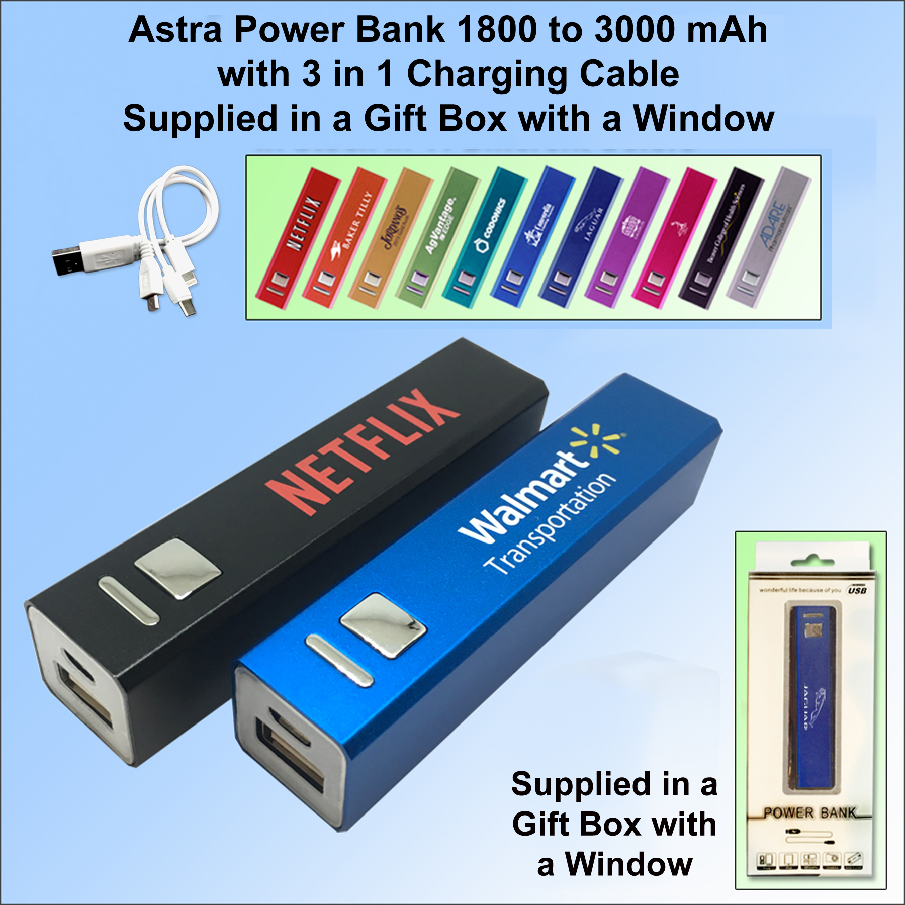 Astra Power Bank with 3 in 1 Charging Cable. Supllied in a Gift Box 1800 mAh