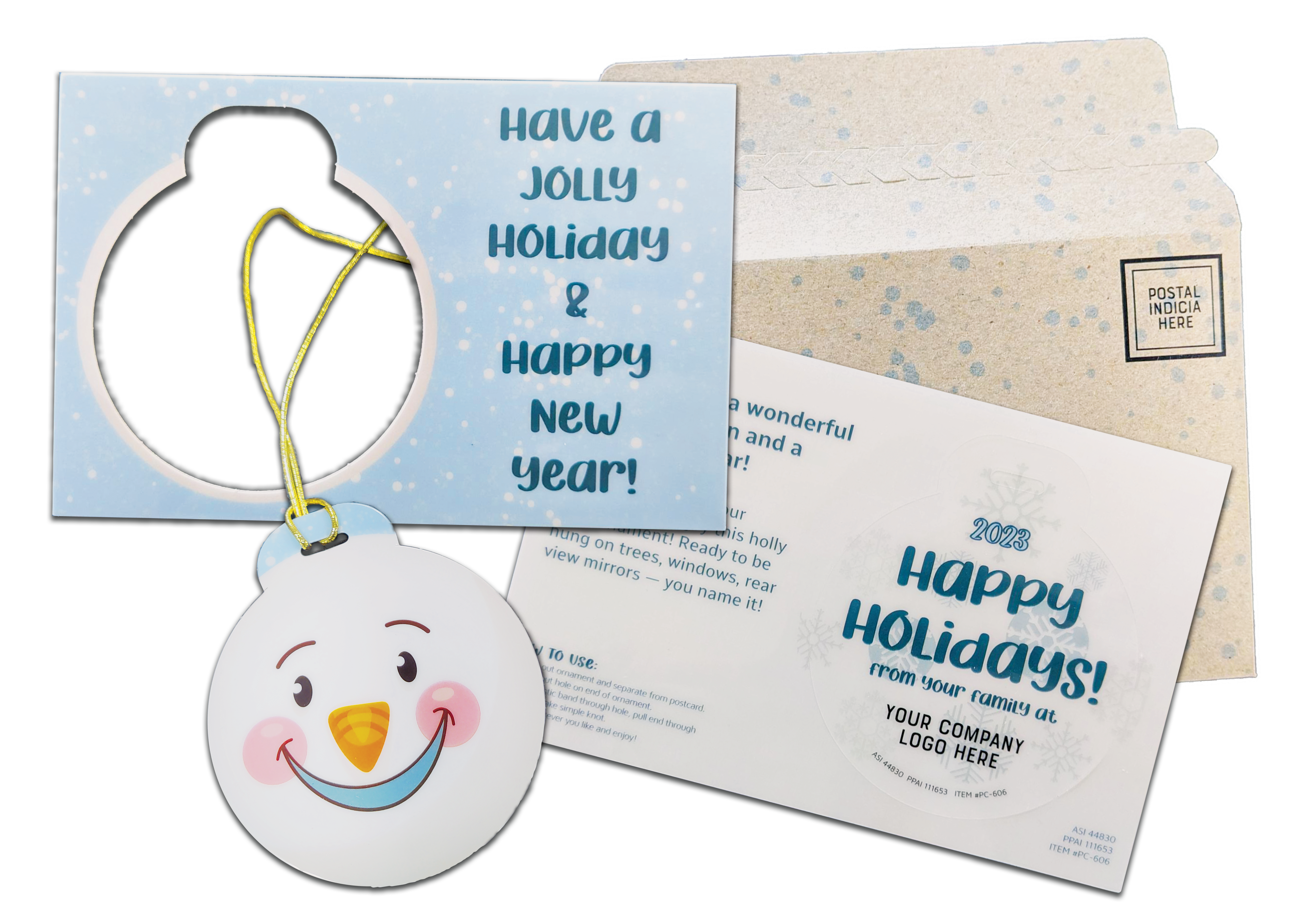 Laminated Postcard with Punch-Out Luggage Tag/Ornament and Envelope