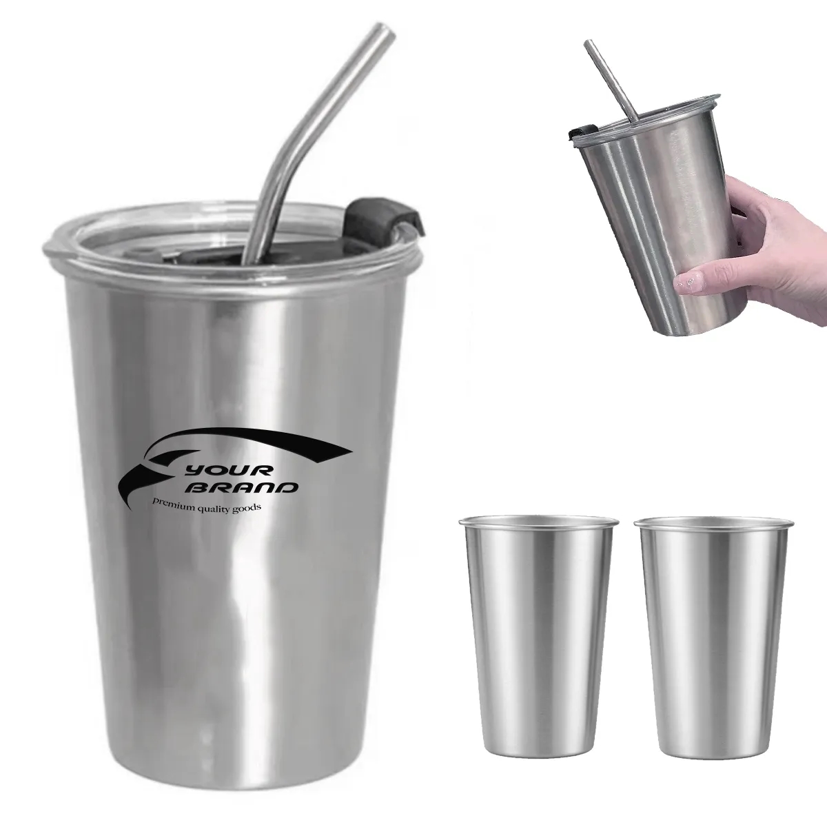 17oz. Metal Mug Pint Cups Stackable Cup With Lid And Straw