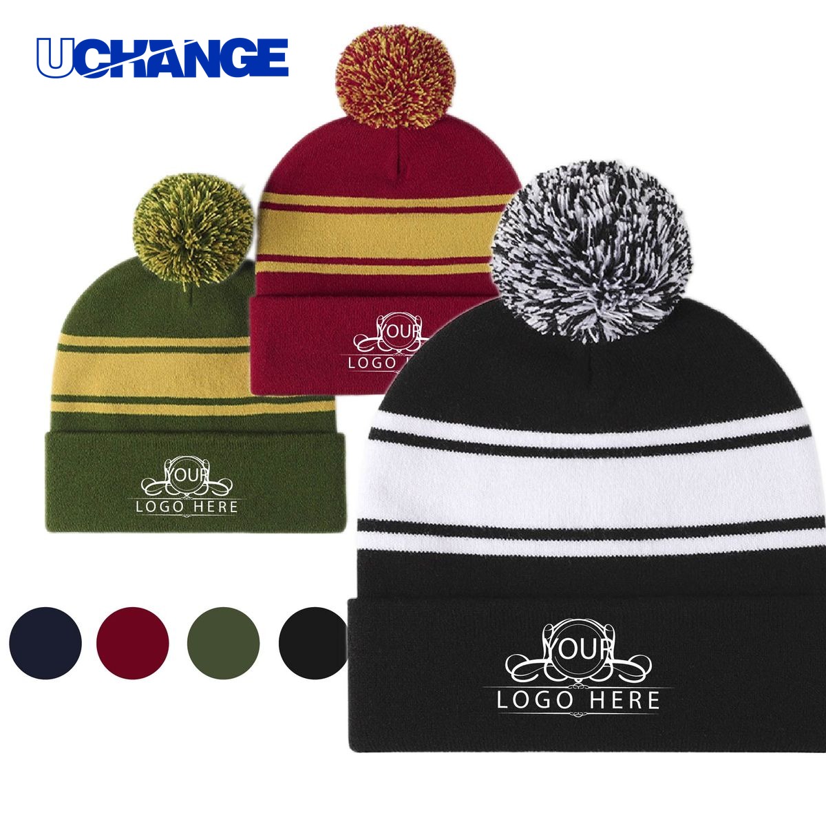 Striped Pom Pom Knit Beanie