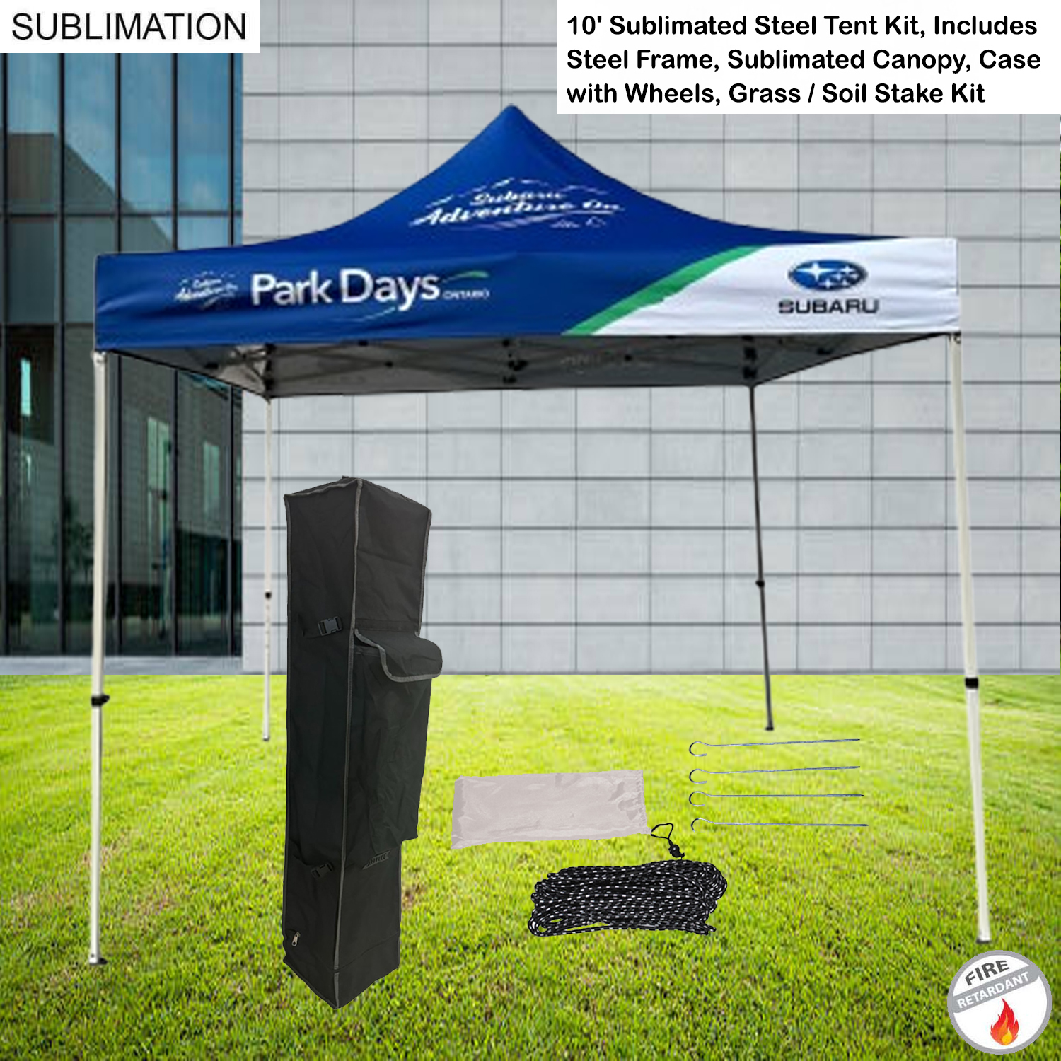 10' Steel Tent Kit, Includes Steel Frame, Sublimated Canopy, Case, Grass Stake Kit 10
