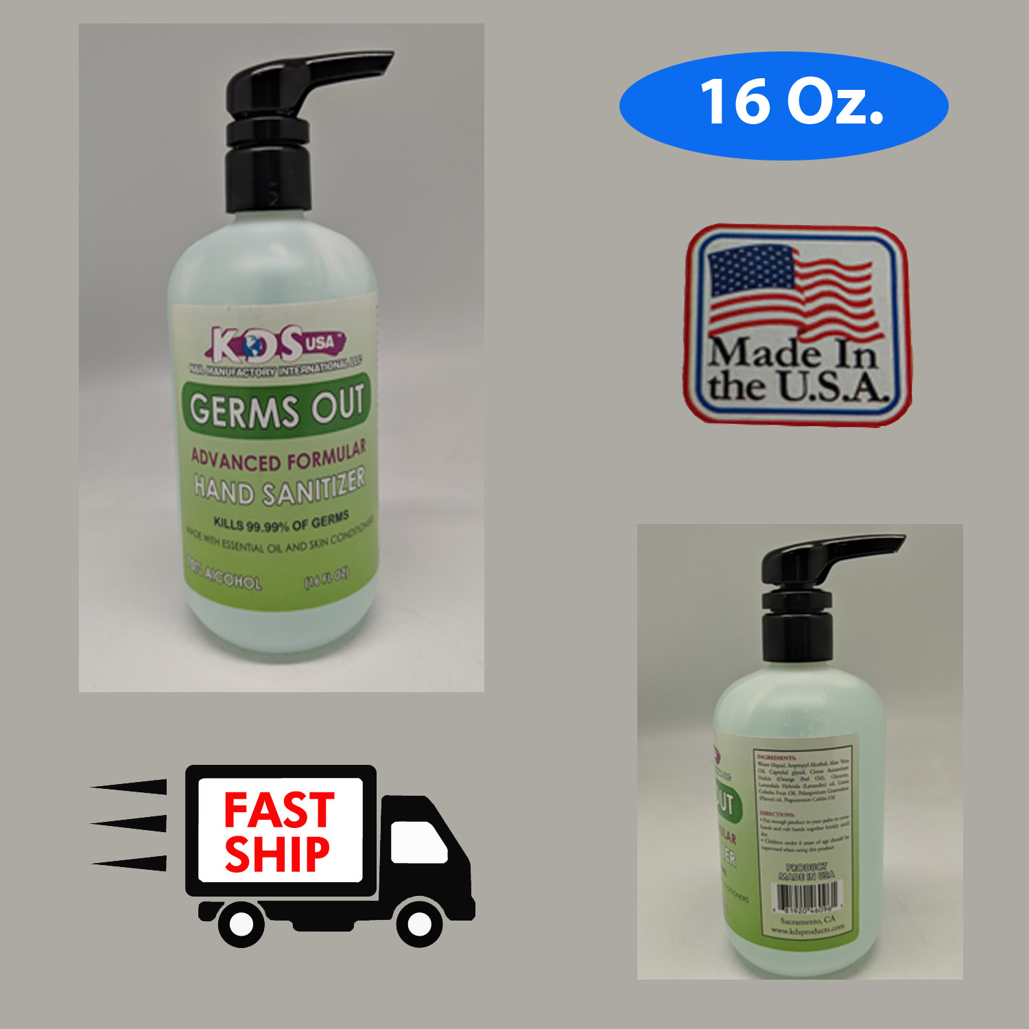 16 OZ Instant Hand Sanitizer Made in USA, within 24 Hours Shipping.