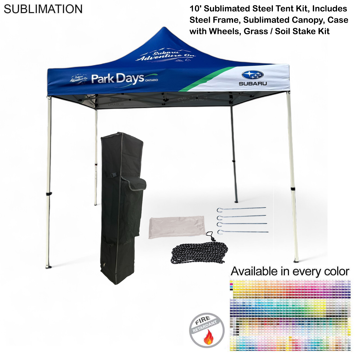 48Hr Quick Ship - 10' Steel Tent Kit, Includes Steel Frame, Sublimated Canopy, Case, Grass Stake Kit 20