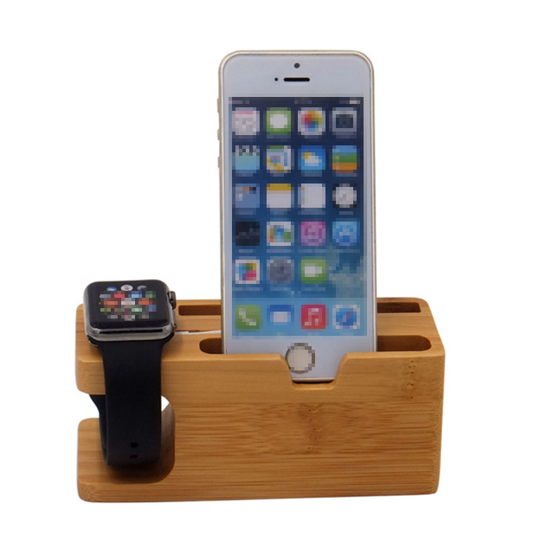 Bamboo Phone Charger Dock Station Watch Bracket Cradle Stand