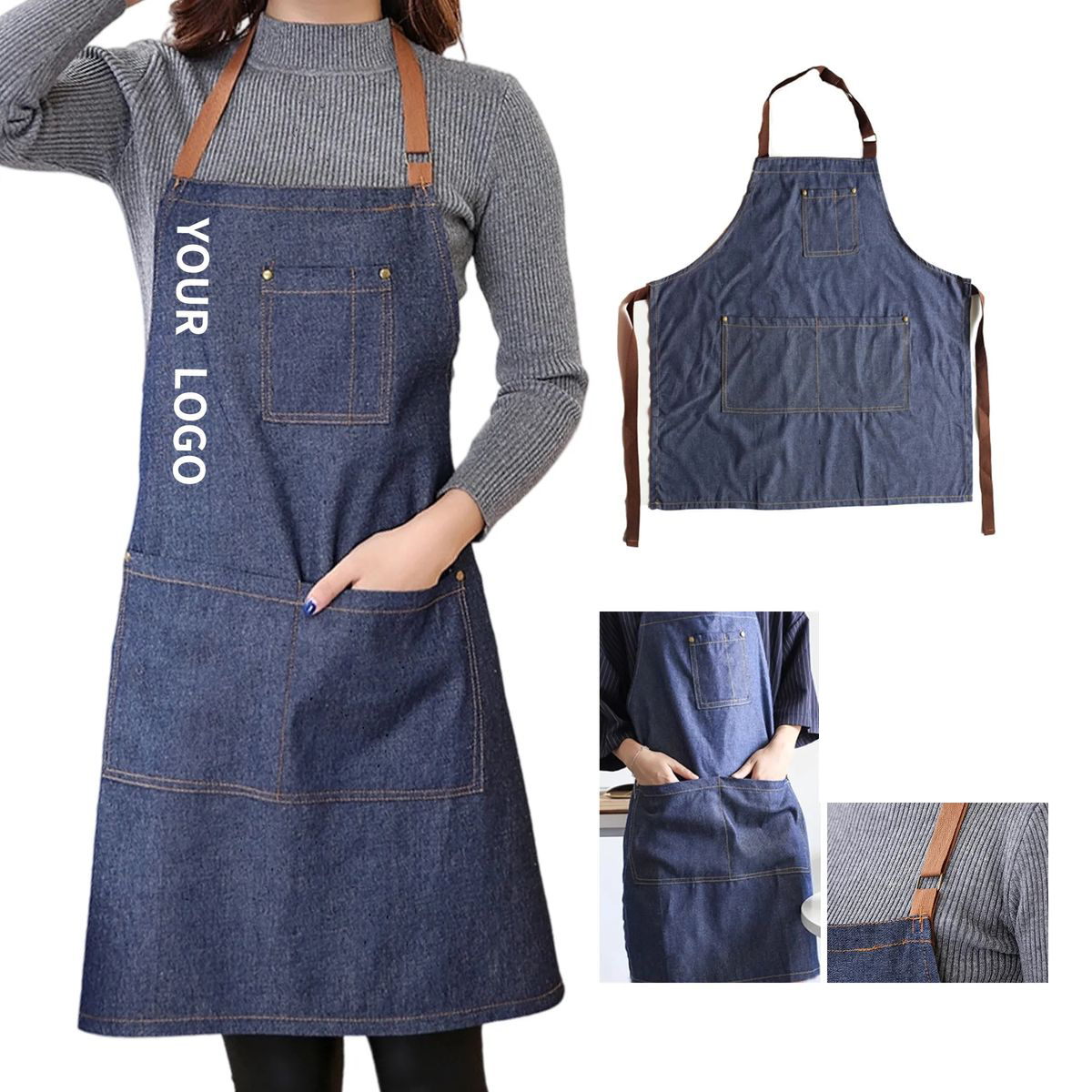Denim Kitchen Apron with Storage Compartments