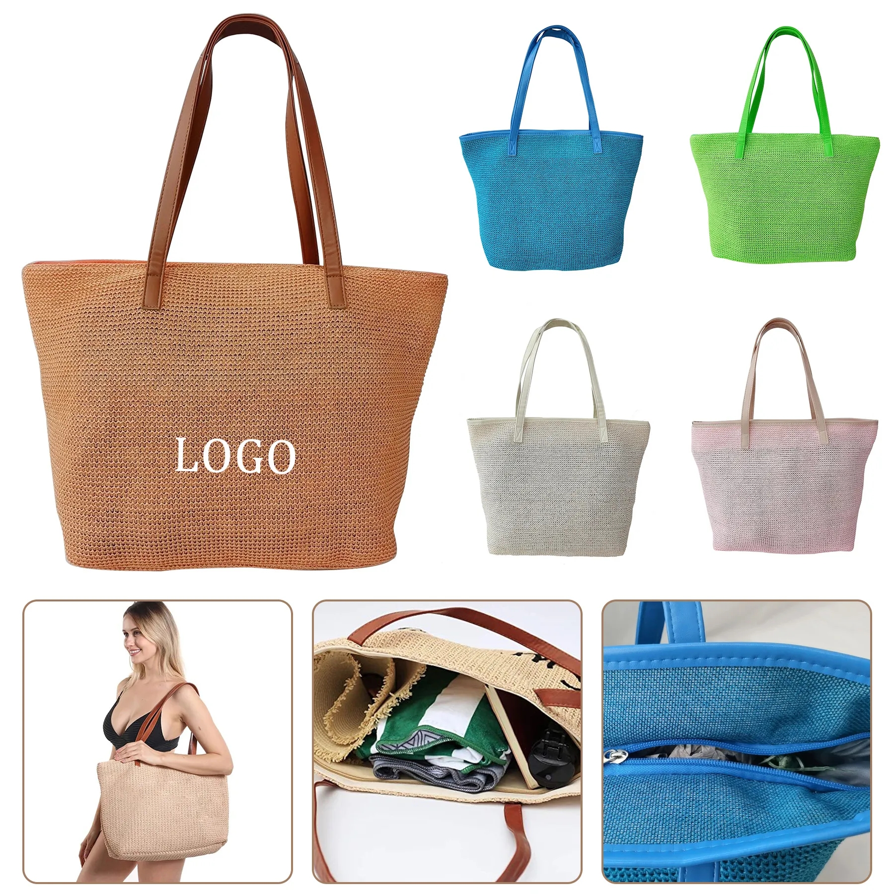 Large Women Straw Beach Bag, custom tote bag with logo imprint 8
