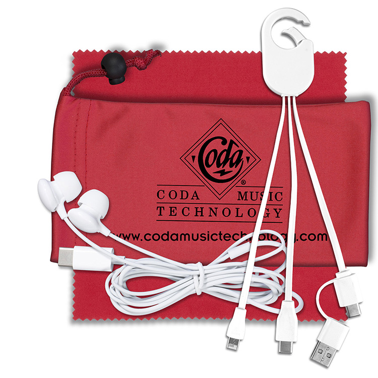 Mobile Tech Charging Kit with Earbuds in Microfiber Cinch Pouch Components inserted into Microfiber 21