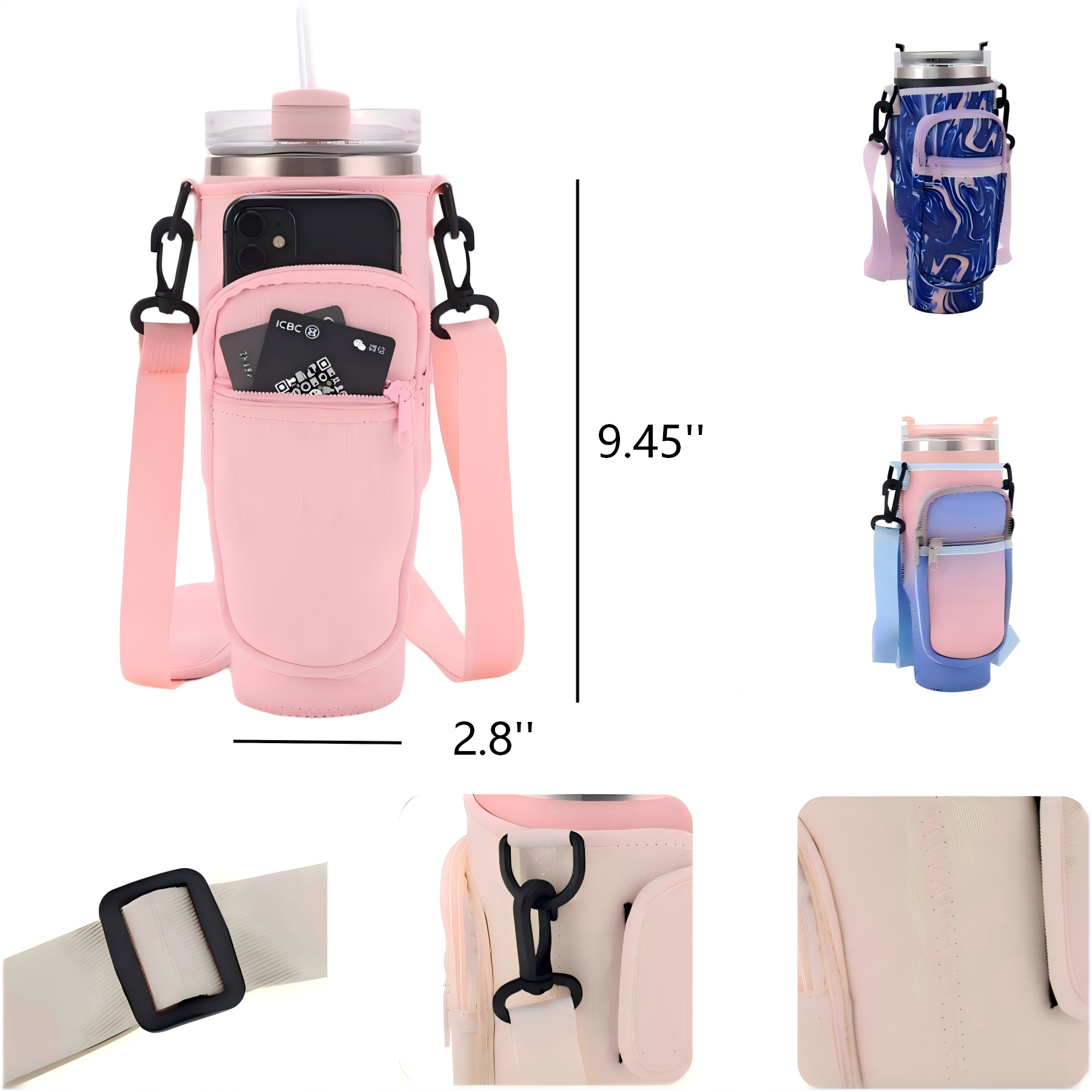 Neoprene Insulated 40Oz Tumbler Holder W/ Phone Pocket & Adjustable Strap