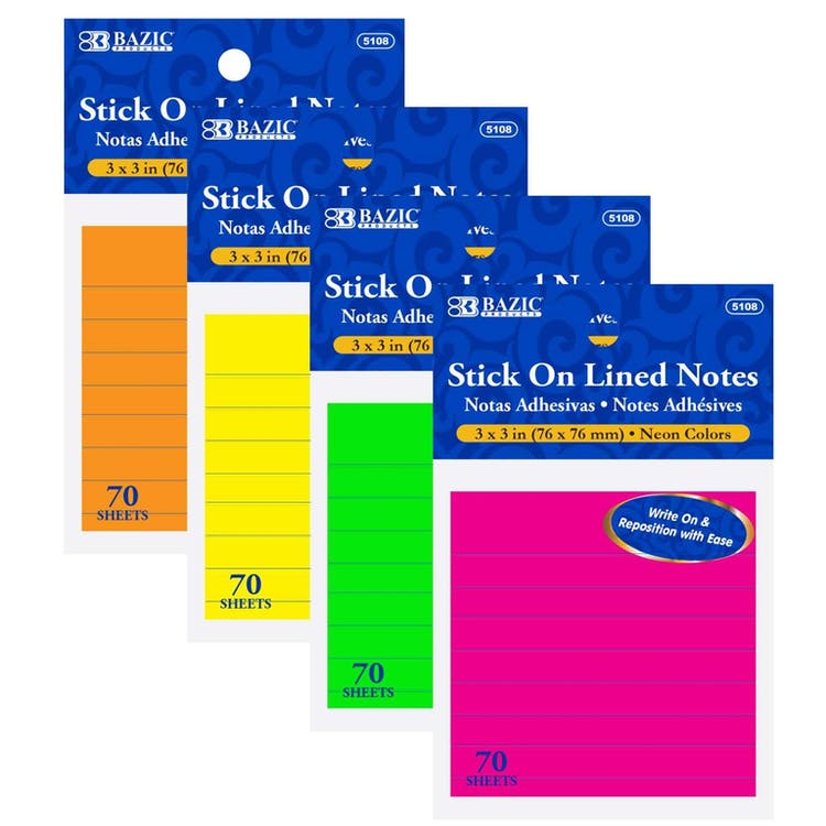 Lined Sticky Notes - 70 Sheets 3" x 3" Neon 3
