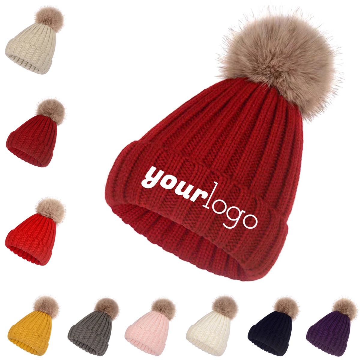 Warm Winter Beanie with Faux Fur Pompom and Fleece Lining 11