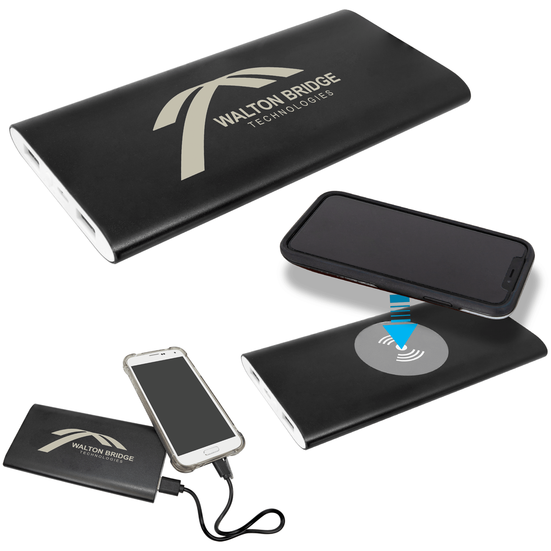 8000mAh Black Power Bank with Wireless Anodized Aluminum Charger