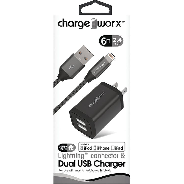 MFi Lightning Connector & Dual USB Chargers - Black 6' Cord 2.4A 3