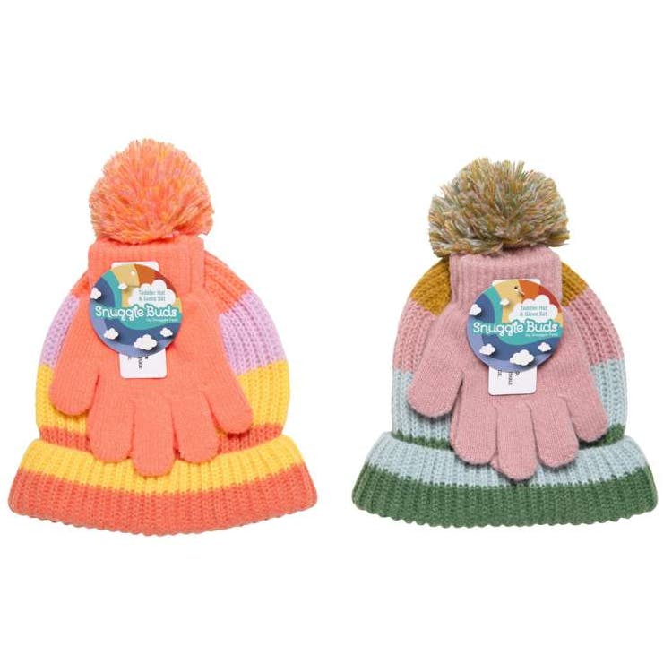 Infant/Toddler Girl Striped Pom Hat and Glove Sets 2