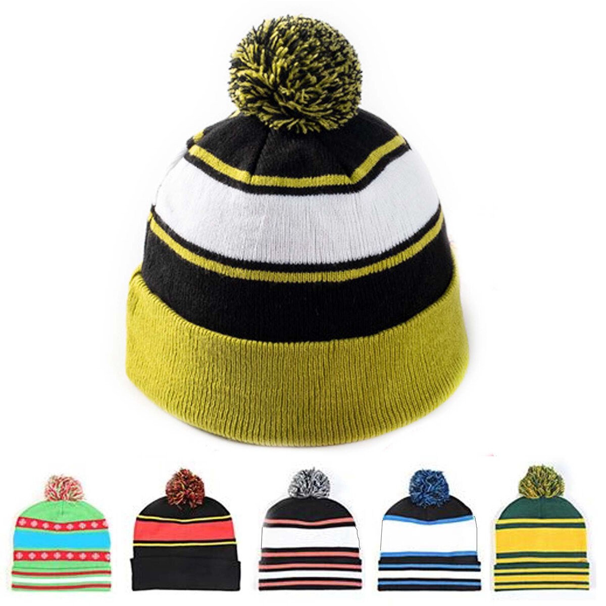 Jacquard Knit Pom Cuff Beanies Hats