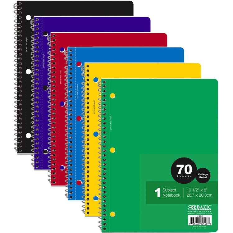 College Ruled Spiral Notebook - 70 Sheets 6 Colors 1 Subject 1
