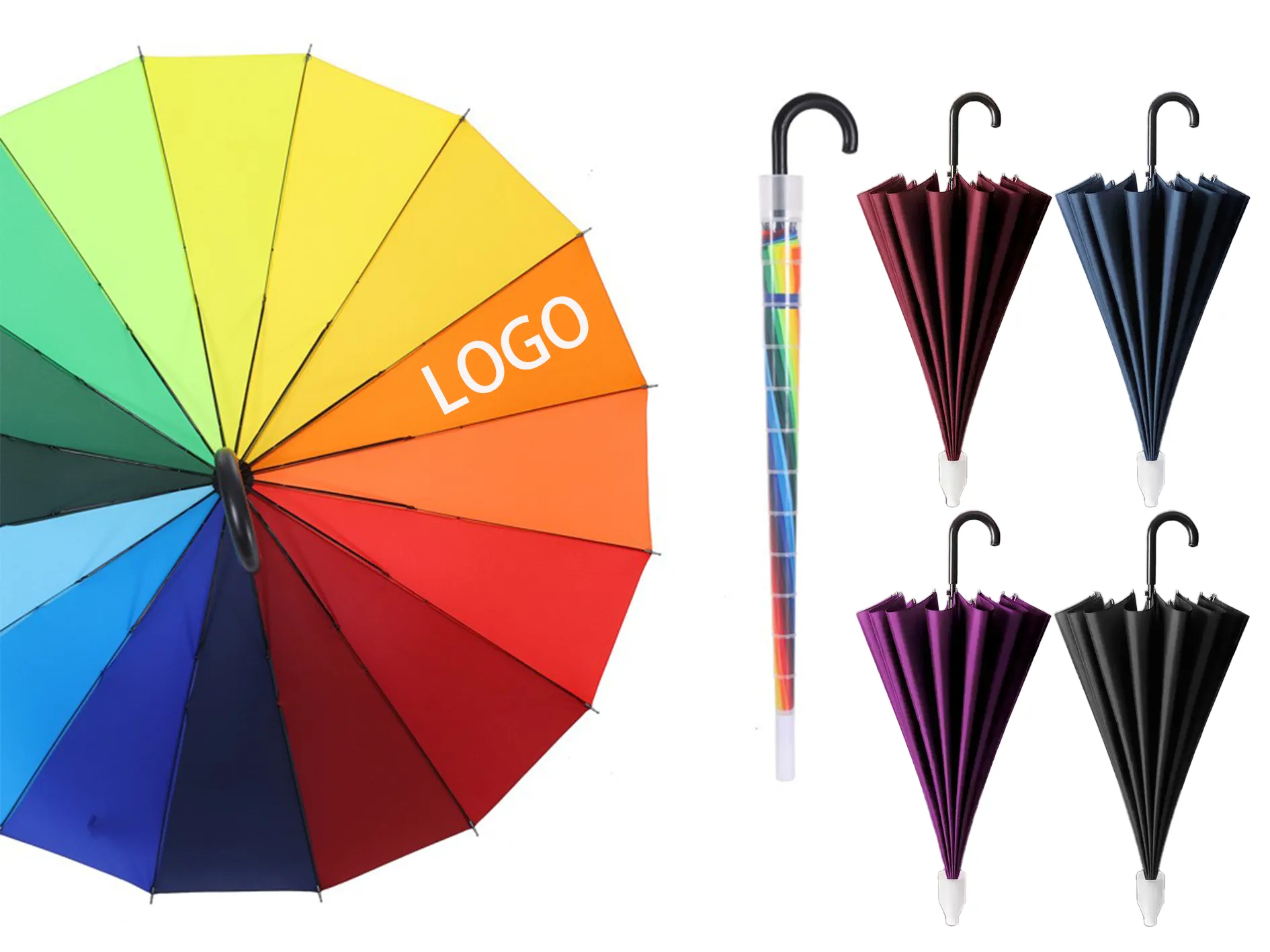 16 Bone Rainbow Umbrella with Hook Handle