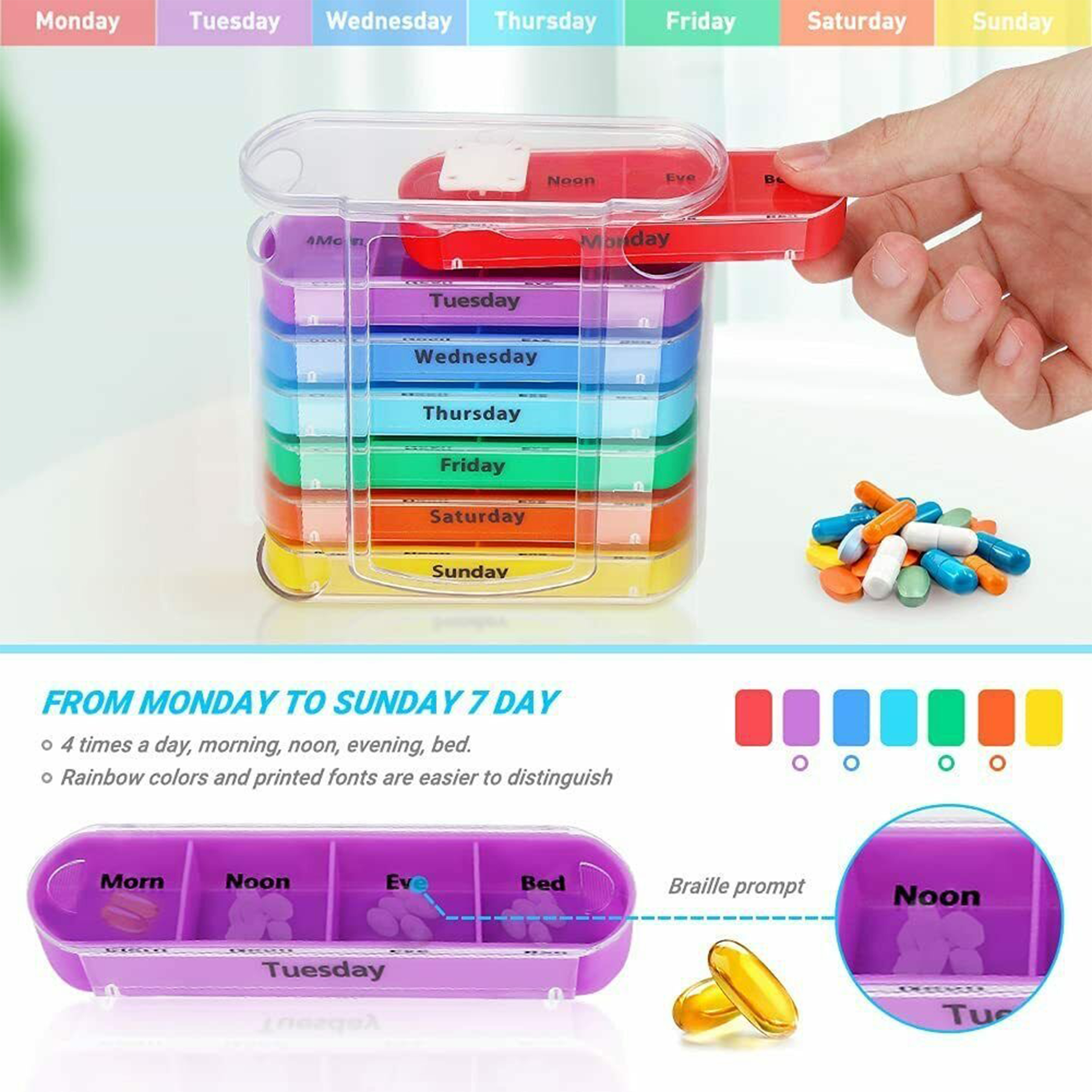 Pp 7-Day Pill Organizer With Color-Coded Compartments For Easy Medication Management 7