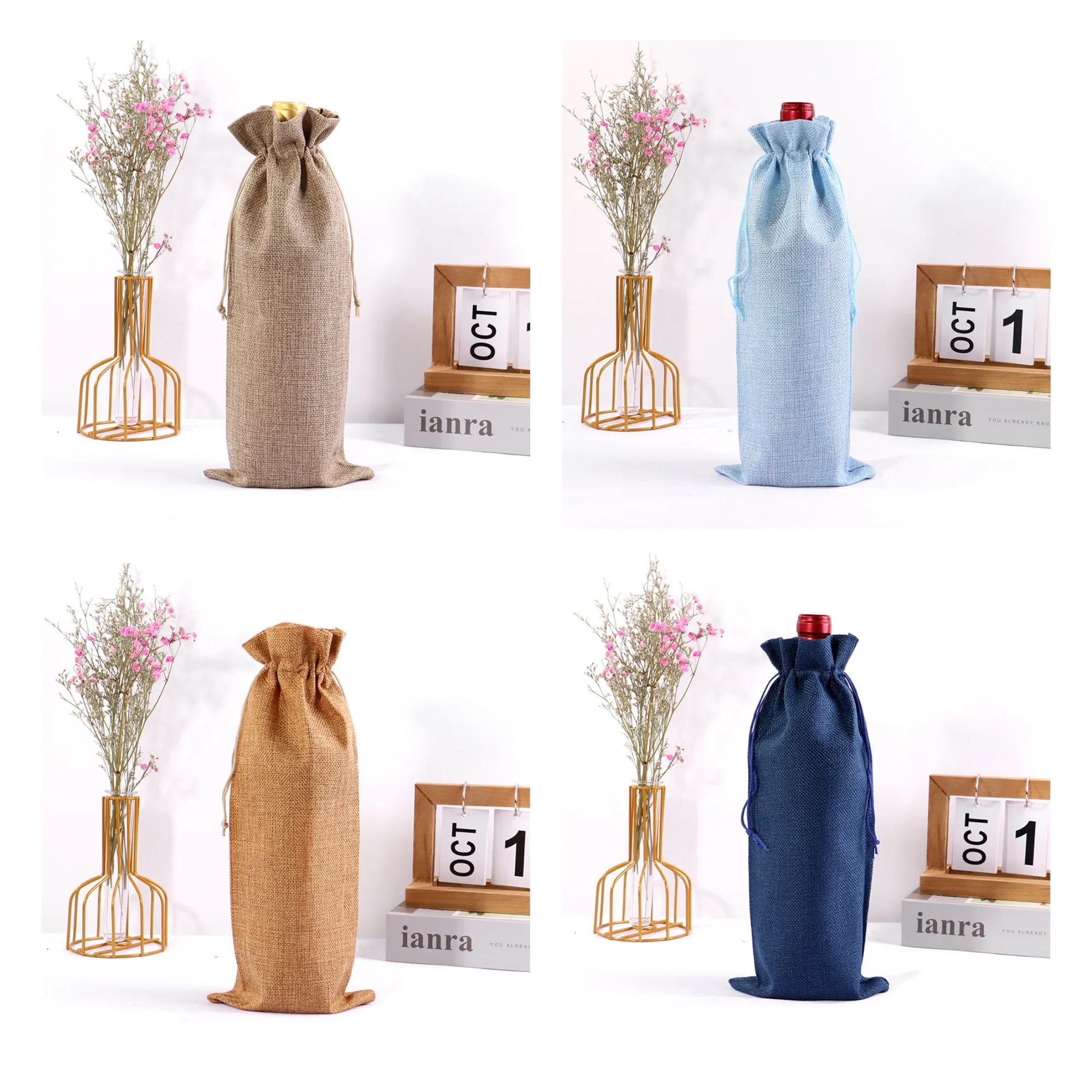 Full Color Drawstring Linen Wine Bottle Bag 13