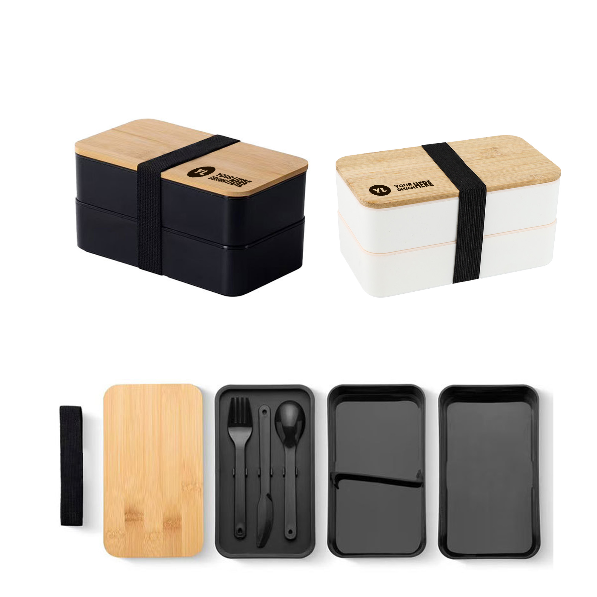 Portable Double-Layer Bamboo Lid PP Bento Box