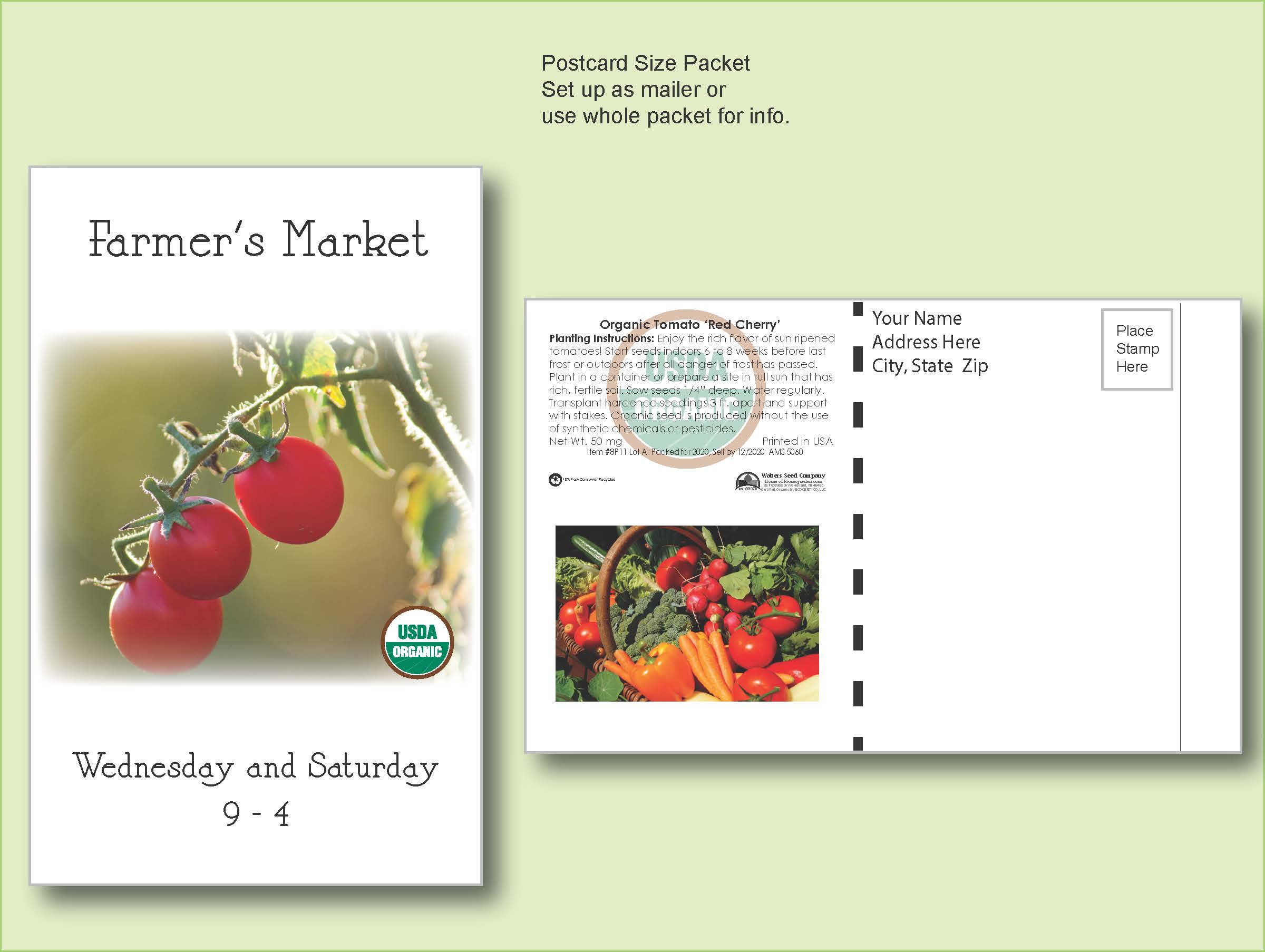 Organic Tomato Red Cherry Seed Packet - Postcard Mailer Size 4" x 6.5"