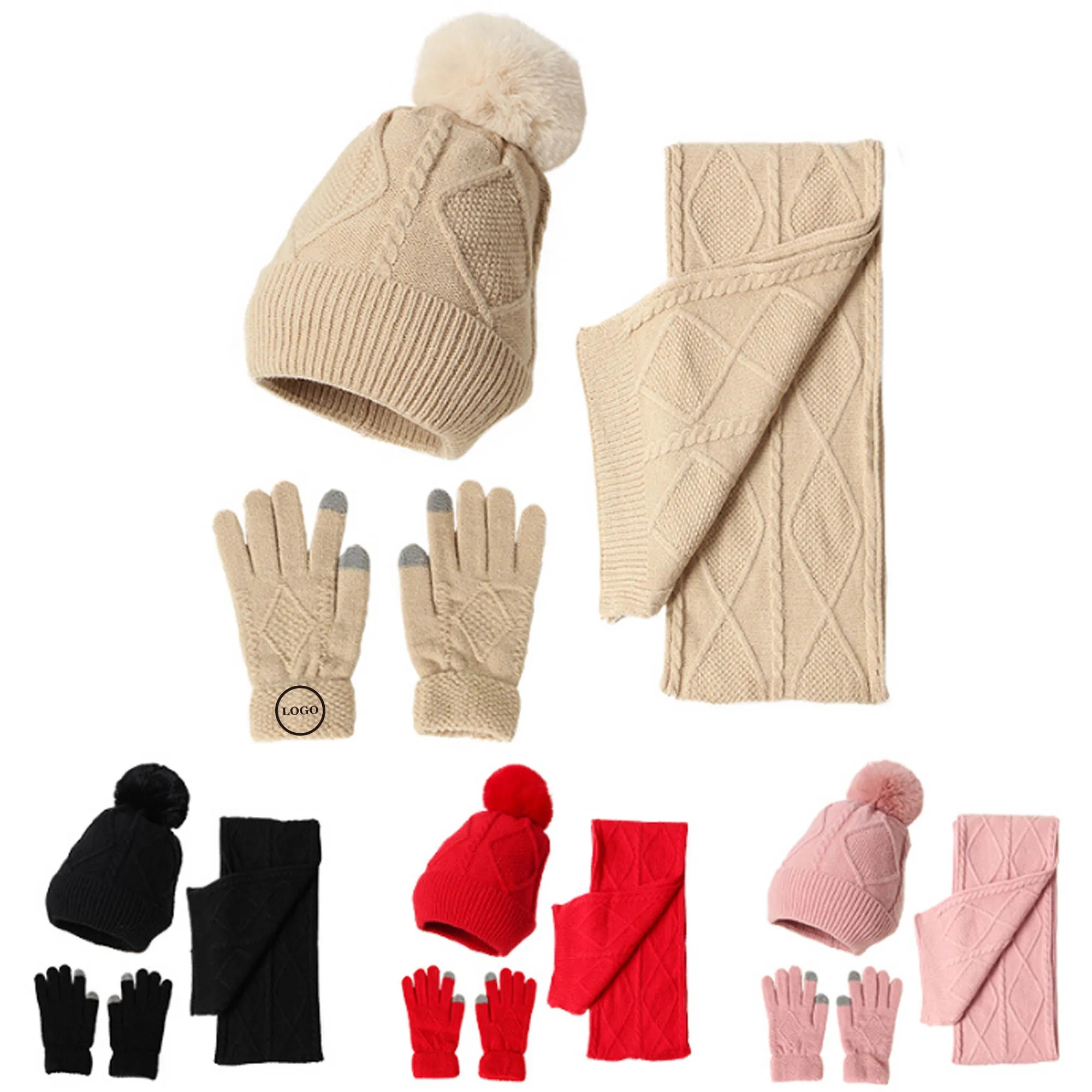 Winter Knit Scarf Set With Hat And Touchscreen Gloves 11