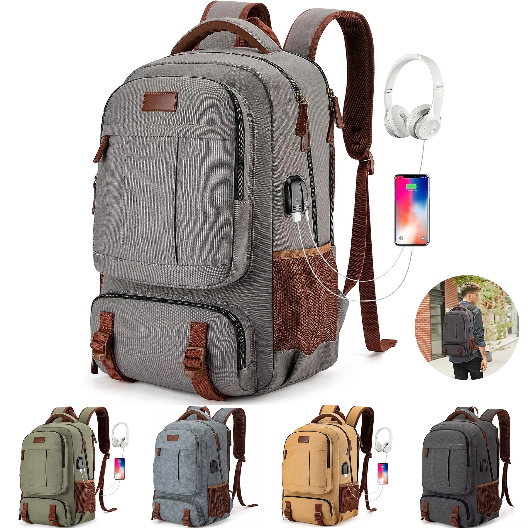 USB Charging Canvas Laptop Backpack 21