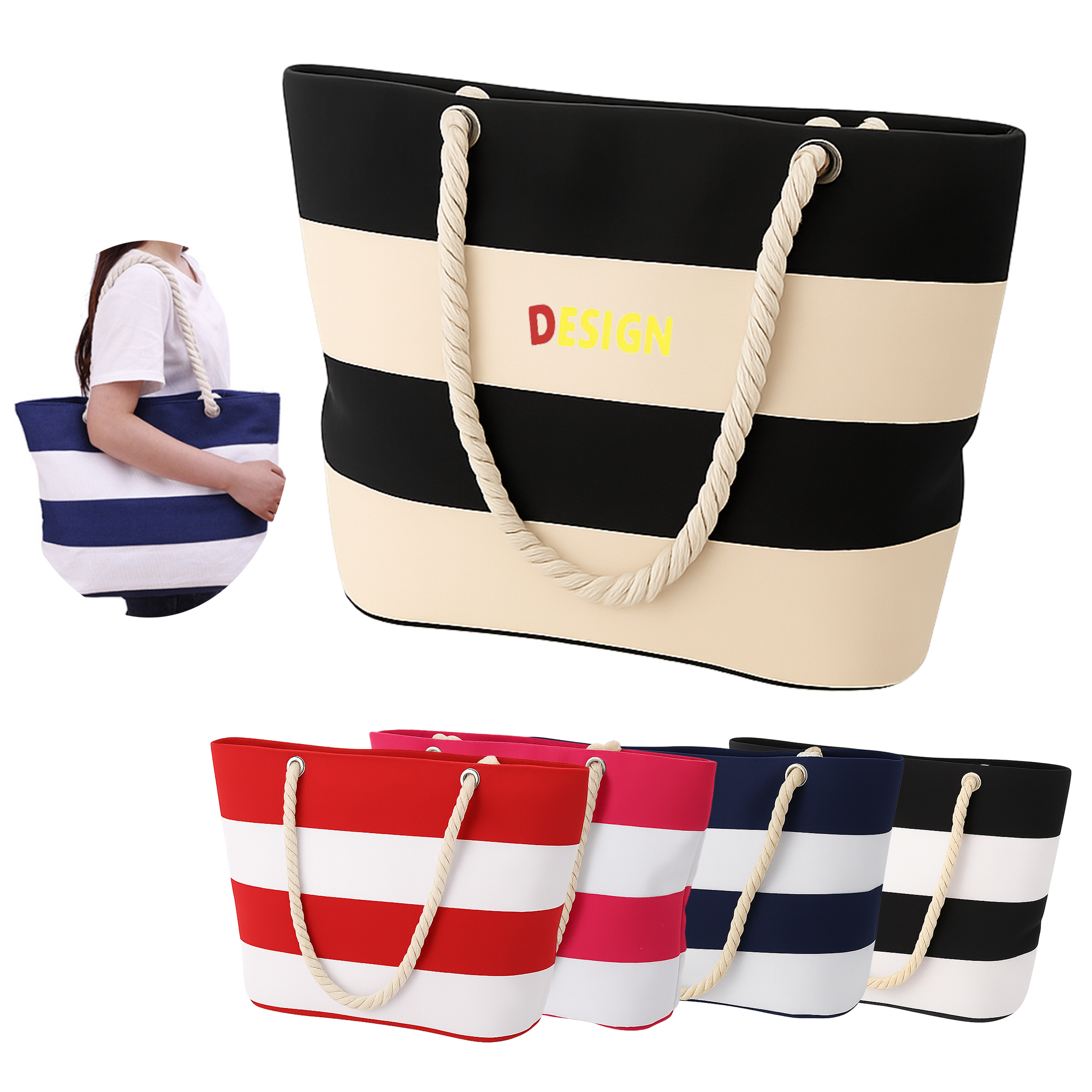 Nautical Stripe Cotton Blend Beach Tote, custom tote bag with logo imprint 5