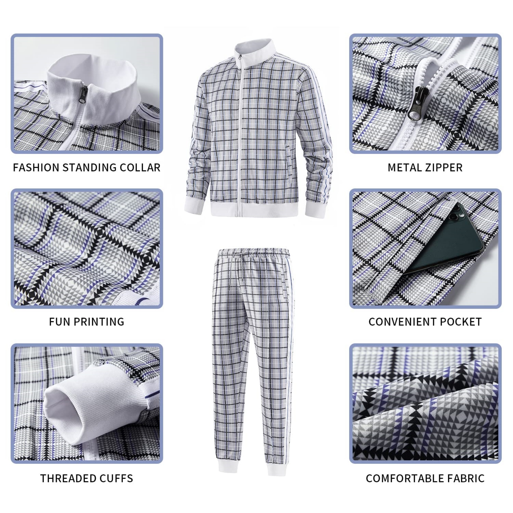 Mens Plaid Track Suits Anti Pilling Sports Wear Jacket Pants Custom 24